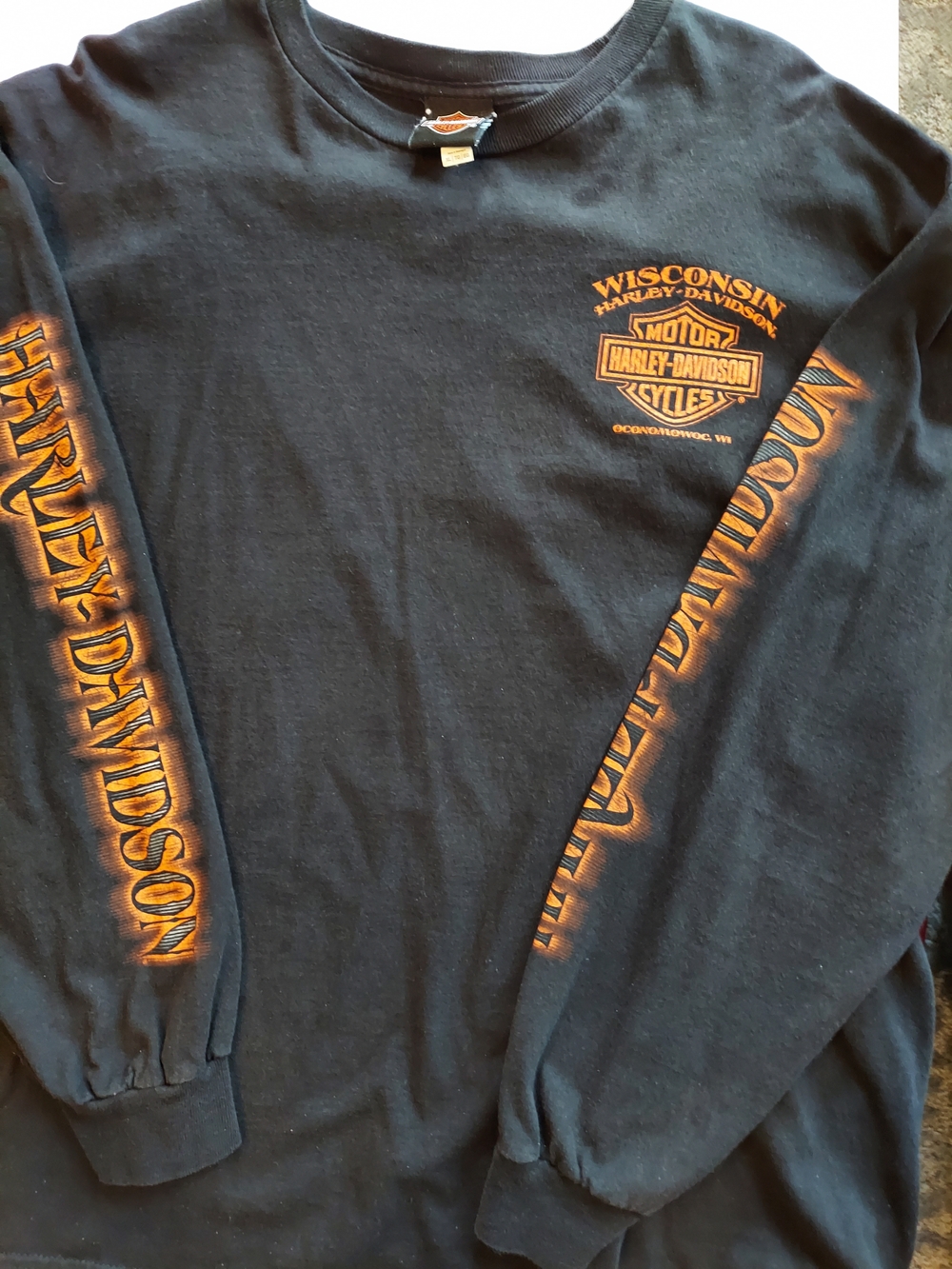 Harley-Davidson Black Long-Sleeve Tee with Orange Logo and Sleeve Script